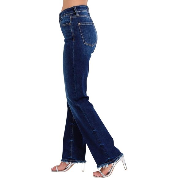 Women's Mid Rise Straight Jean with Frayed Hem Dark Blue Plus Size - Picture 2 of 7